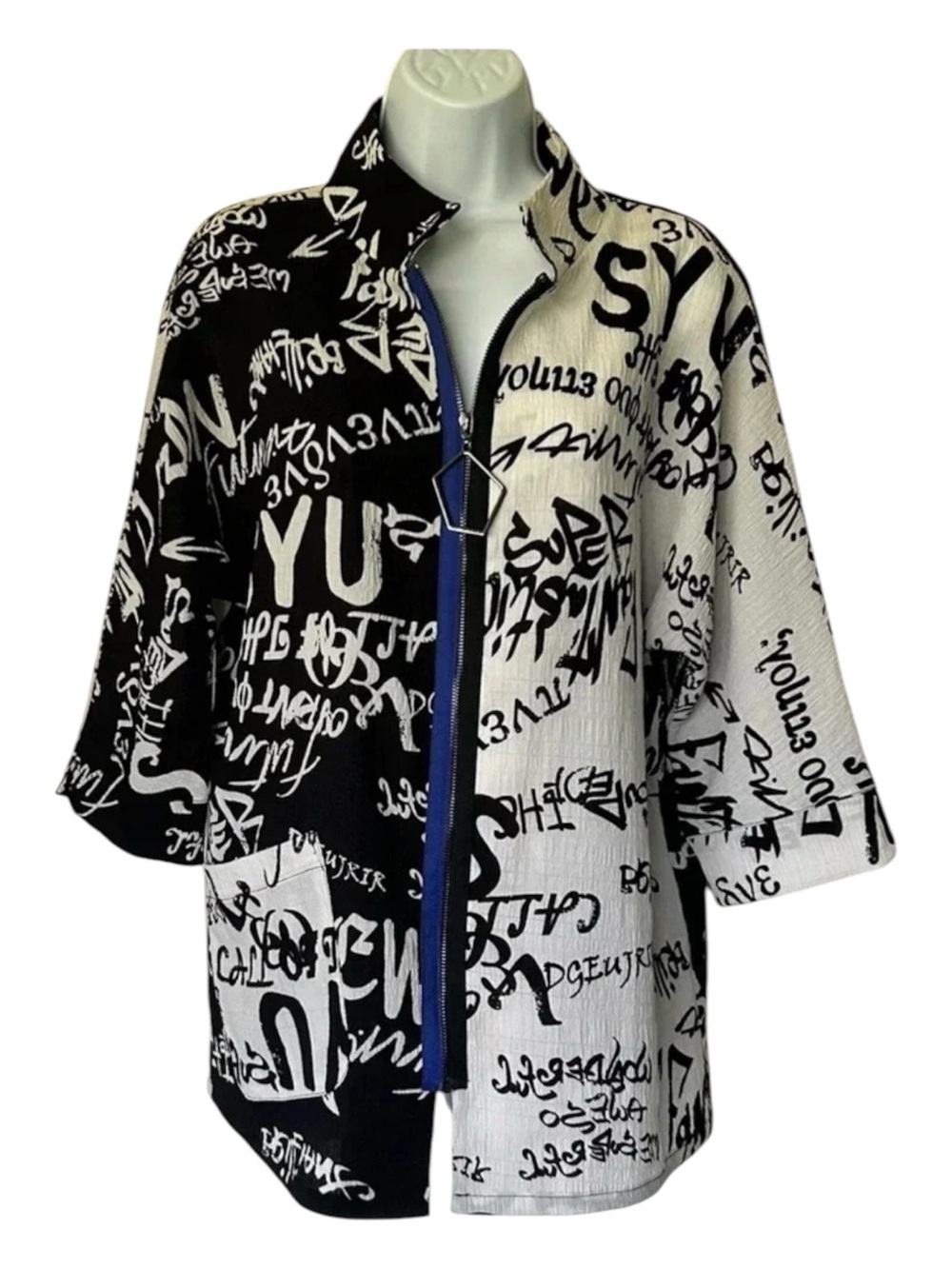 IC Connie K black white typography print front zip jacket 3/4 sleeves S - Picture 3 of 12